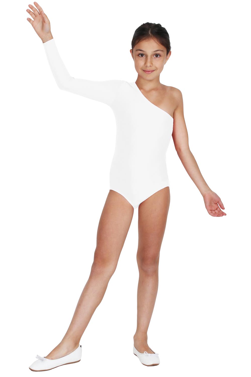 BODY DANZA LYCRA MONOSPALLA MANICA LUNGA BIANCO BAMBINA